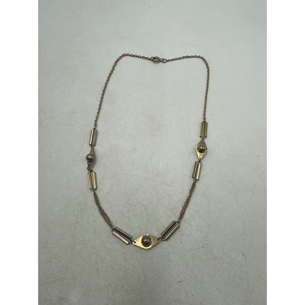 Vintage Gold Tone Geometric Station Necklace Bar Link Diamond Bead 16 Inch